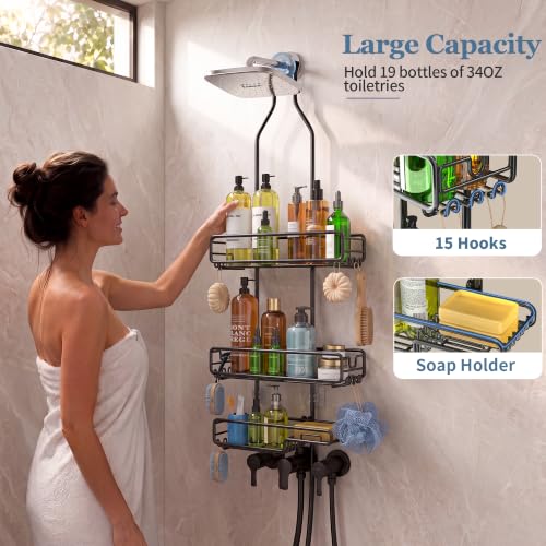 Skyapex Shower Caddy Hanging Bathroom Organizer: Over Head Adjustable Rack for Tall Showerhead - Extra Large Storage Shelf for Big Shampoo Bottles with Soap Holder Black