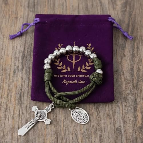 Nazareth Store Strong Military One Decade Paracord Rosary Silver Beads Pocket Car Rosary Pray For Us St. Joseph Medal & St. Benedict Cross Green