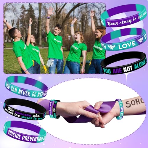 JUNEBRUSHS Silicone Wristbands for Suicide Prevention, 42 Pieces Purple Teal Inspirational Rubber Bracelets for Suicide Prevention, Awareness, Inspirational Charity Suicide Prevention Awareness Style