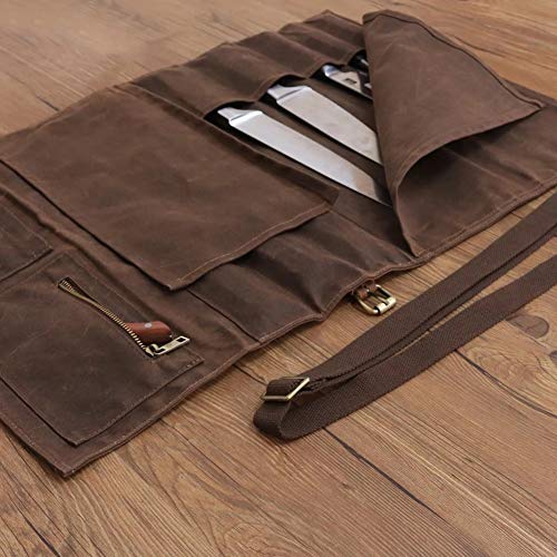 Large Chef’s Knife Roll Bag,Heavy Duty Waxed Canvas Knife Carrier,11 Pockets Kitchen Cooking Tools Storage Case, Easily Carried By Shoulder Strap ForProfessional Chefs,Culinary School Students Brown