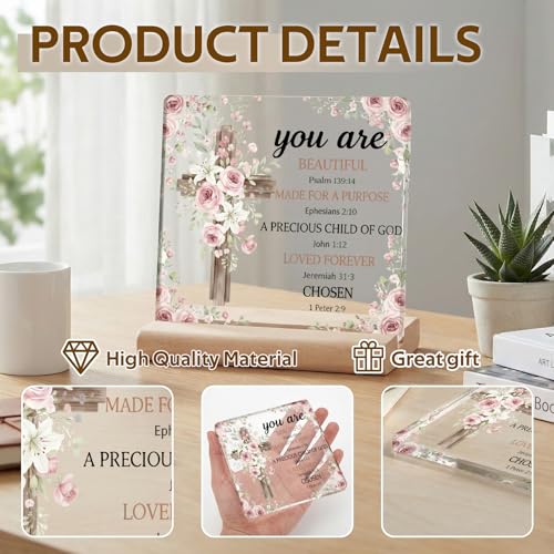 Christian Gifts for Women, Cross Desk Sign, 2 Pack, Acrylic, 4x4Inch Christian Cross