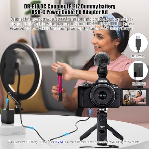 USB C Charger Block DR-E18 DC Coupler Cable, Replace LP-E17 Dummy Battery ACK-E18 AC Power Adapter, Compatible with Canon EOS RP R50 R100 R8 R10 77D 200D 750D 800D 8000D...