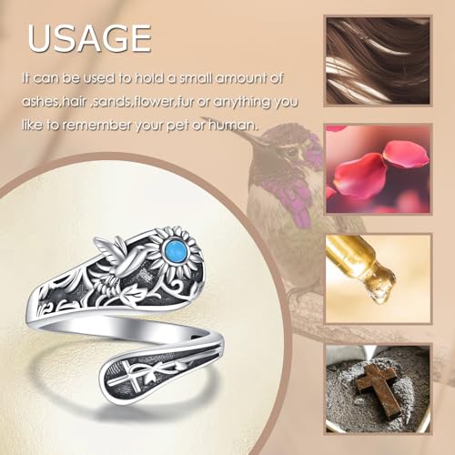 Sunflower/Hummingbird/Mountain Spoon Ring Sterling Silver Vintage Adjustable Antique Spoon Rings for Women Flower Wide Thumb Ring Hummingbird Urn