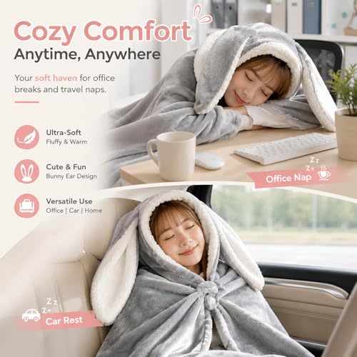 Soft Big Bunny ears Wearable Blanket, Blanket Wrap with buttons Comfy Hoodie Hooded cape Throw for women Gray