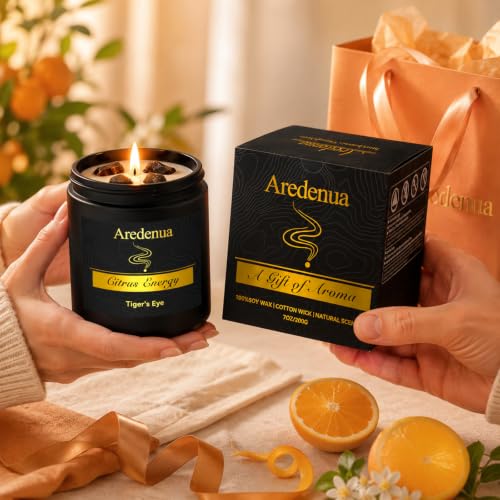 Citrus Scented Candle with Tiger's Eye Crystals, Gift for Women Men Black-Heal Black-H2