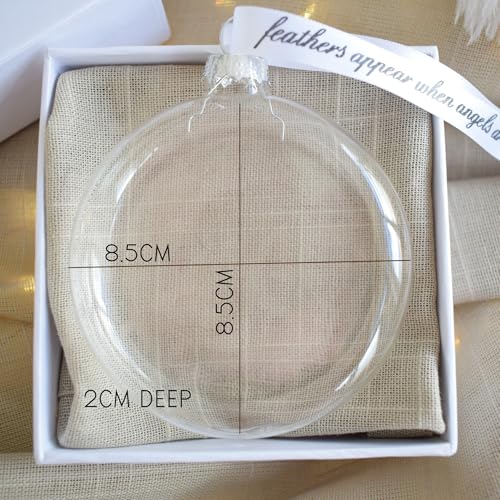 Heart Stamped Real White Feather in Glass Round Bauble. Gift Boxed Christmas Tree Hanging Decoration. Spiritual Angel Gift