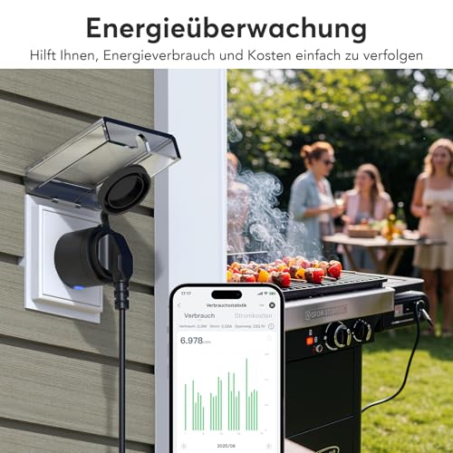 EIGHTREE WLAN Outdoor Socket with Current Measurement IP44 Waterproof Pack | Smart socket with timer and remote control, outdoor timer compatible with Alexa and Google Home, 16 A/3680 W pack of 1