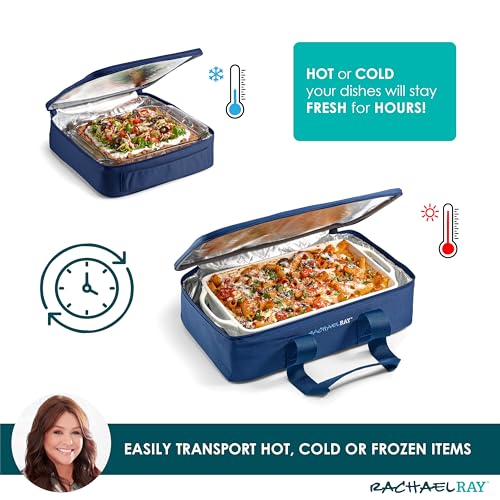Rachael Ray Lugger Duo, Insulated Casserole Carrier for Hot or Cold Food, Thermal Lasanga Lugger Tote for Potluck, Parties, Picnic, and Cookouts, Fits 9" x 13" Baking Dish, Navy Gingham