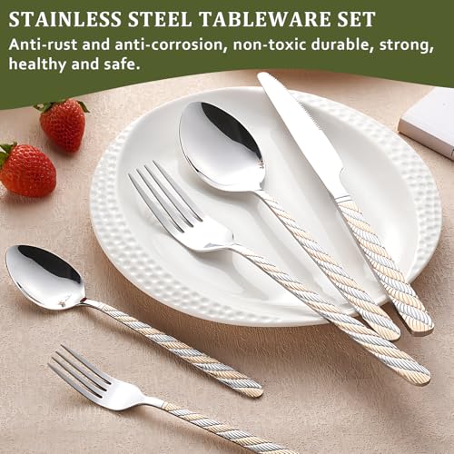 Silverware Set, 20 Piece Flatware Set for 4, Stainless Steel Cutlery Set, Mirror Polished, Modern Kitchen Eating Utensils Set Include Spoons Forks Knives for Home, Restaurant, Party (GoldSilver) GoldSilver