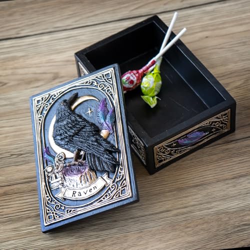 Pacific Giftware Raven Tarot Box with Moon and Feather Design Ideal for Tarot Cards Jewelry or Keepsake Storage Perfect for Gothic Home Decor 5.63" Long