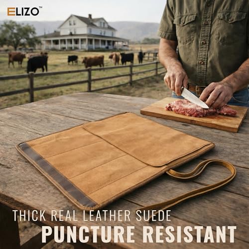 ELIZO Leather Knife Roll Bag Professional Chef Knife Case, Durable Knife Sheath Holder, Cooks & Culinary Tools Carrying Storage, Portable Knife Wrap - 4 Slots Antique 4 Knife Slots