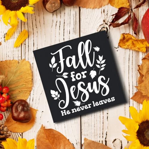 Woght Cute Fall Decoration for Home, Fall for Jesus He Never Leaves Sign Home Decor Leaves Decorations Sign, Autumn Office Desk Table Cubicle Shelf Decor 5 X 5 Inch (Black) Fall12 5 inches by 5 inches