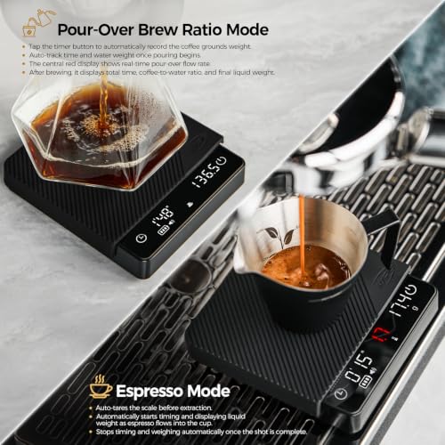IKAPE Espresso Coffee Scale with Timer, 2kg/0.1g High Precision Digital Scale with Silicone Mat, 4 Modes in One, LED Display, Auto-Tare, for Kitchen, Cooking, Espresso, Pour Over Coffee Medium