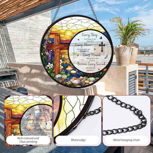 Cross Stained Glass Window Hanging, Bible Catchers Indoor Window Gifts for Grandma Mom Women Men, Christmas Wall Art Decor for Home Garden Doors Cross Bible
