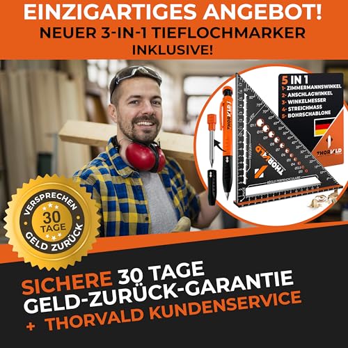 THORVALD Zimmermannswinkel 5-in-1 - Protractor Try Square + Deep Hole Marker - Aluminum Angle with 180 mm Side Length for Precise Marking & Drawing / Multifunctional Perfect to Save Time Angle 180 mm + pencil
