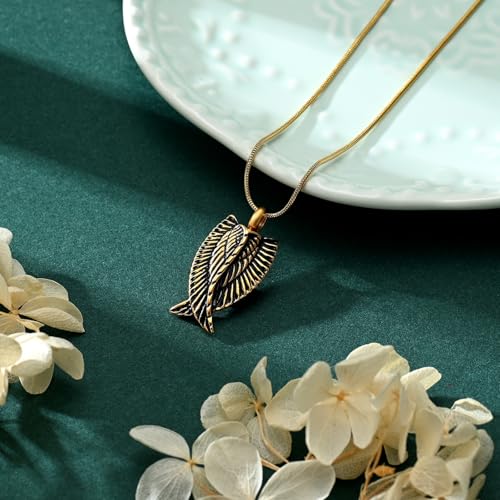 Angel Wings Cremation Jewelry Necklaces Stainless Steel Urn Necklaces for Ashes Memorial Keepsake Pendant for Women Men Gifts With Funnel Kit & Bag Gold+Black