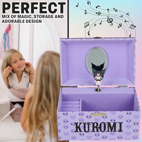 Hello Kitty Sanrio Kuromi Musical Jewelry Box for Girls Teens Women Kawaii Wind Up Music Box Jewelry Organizer Ring Holder Gifts for Women (Purple Kuromi)