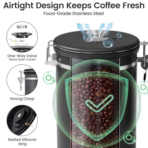 Veken Coffee Canister with Window, 39OZ Large Airtight Stainless Steel Jars Black 39 oz