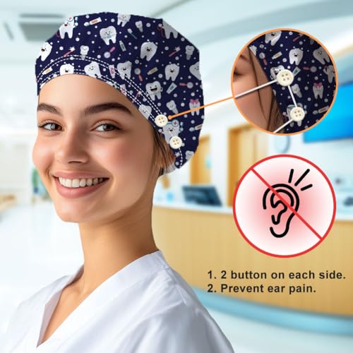 Pack of 2 Scrub Caps with Tooth Pattern, Four Press Studs, Made of Elastic Cotton, One Size, Surgical Hats, Chef's Hat, Unisex Headwear for Women, Men, Medical Care, Kitchen, Housework