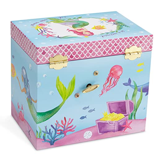 Jewelkeeper Mermaid Design Musical Jewelry Box with 2 Pullout Drawers - Contains Little Girls Jewelry Set of 3 - Birthday Present - Music Storage for Little Princess Mermaid with Accessory