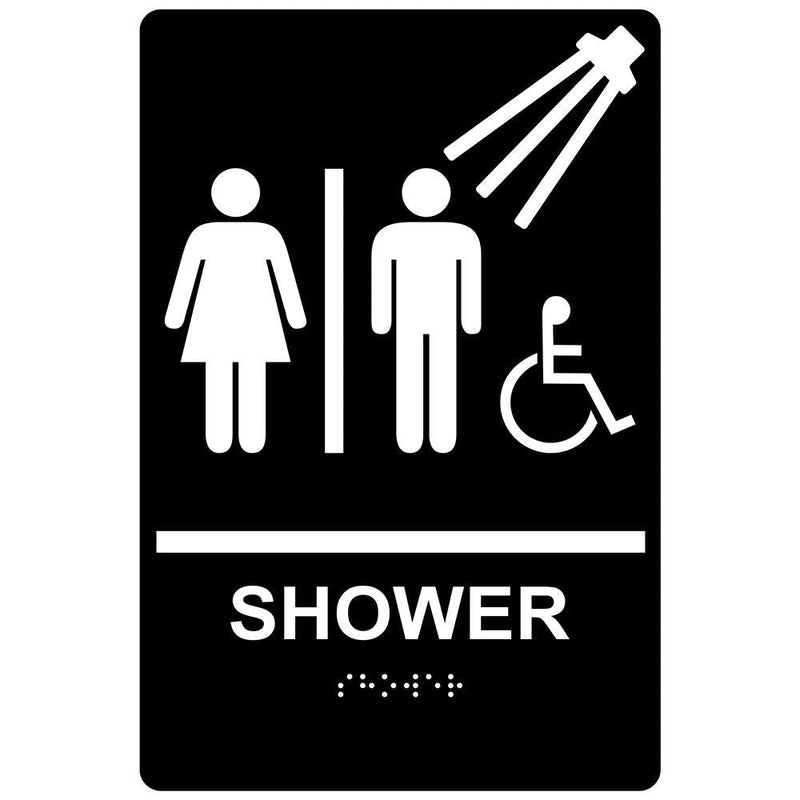 ComplianceSigns.com Shower Sign, ADA-Compliant Braille and Raised Letters, 9x6 inch White on Black Acrylic with Adhesive Mounting Strips