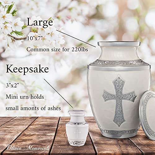 Olivia Memorials Small Urn for Ashes for Women or Men - White Mini Urns Religious Cross Male or Female Human - Cremation Keepsakes - Memorial Jesus Cross Urn Catholic Protestant God's Love - White Keepsake - 1 Count