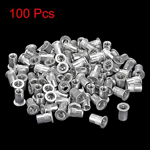 uxcell 1/4-20 aluminium alloy knurled flat head rivet nuts, silver threaded inserts, 100-piece pack