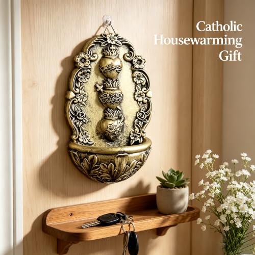 KOMI Holy Water Font for Home, Wall Hanging, Catholic Decor, Bronze-tone Resin, Sacred Heart of Jesus Sacred Heart-2