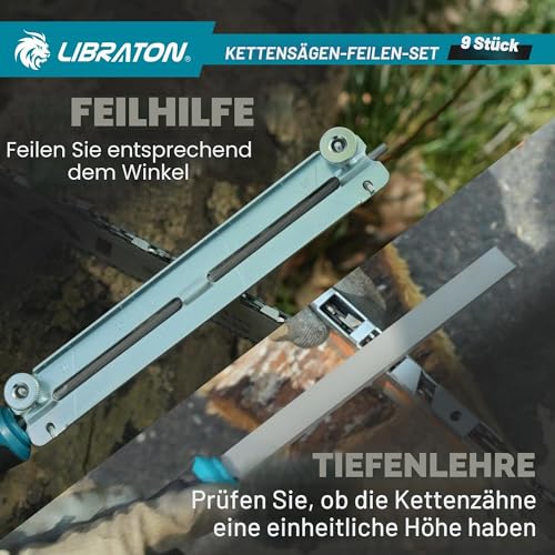 Libraton 9-Piece Chainsaw File, 4.0/4.8/5.5 mm Chainsaws Sharpening | Round file chainsaw, 153 mm flat file, depth gauge, sharpening guide, rail groove cleaner, bag, for chainsaws Pack of 9