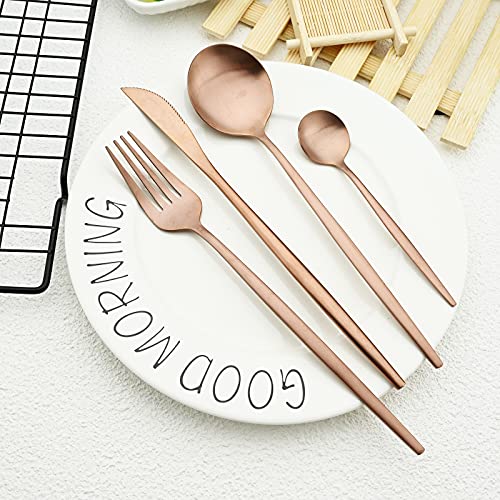 Matte Silverware Set, 24-Piece Satin Finish Stainless Steel Modern Flatware Set Service for 6, Flat Handle Cutlery Set for Home Wedding Gift-Rose Rose Gold
