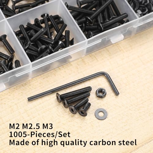 Bnnrjia 1005-piece M2 M2.5 M3 black hex socket screw and bolt assortment with nuts and washers box