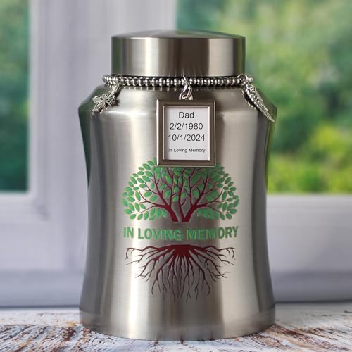 Medium Urn for Human Ashes with Picture Frame Stainless Steel Tree of Life Cremation Big Urn Decorative Memorial Funeral Burial Urn for Ashes Dad Mom Male Female Keepsake Small urn for Human