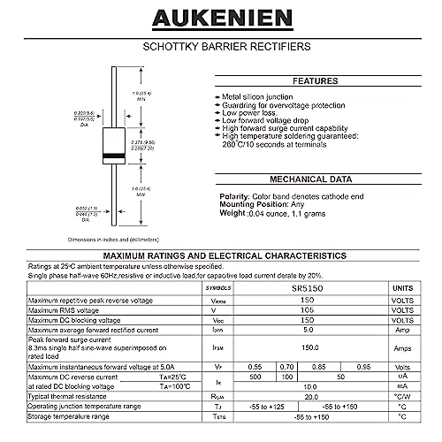 AUKENIEN SR5150 SB5150 Schottky Barrier Rectifier Diode 5A 150V DO-27 Axial Diodes 5 Amp 150 Volt (Pack of 20)