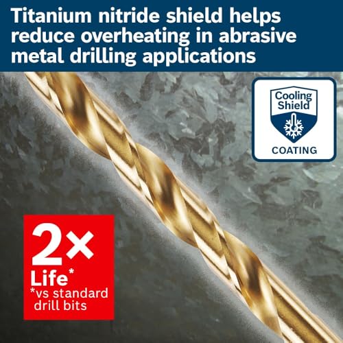 BOSCH TI9IM 9-Piece Assorted Set Titanium Nitride Coated Metal Drill Bits with Included Case Impact Tough with Impact-Rated Hex Shank Ideal for Heavy-Gauge Carbon Steels, Light Gauge Metal, Hardwood