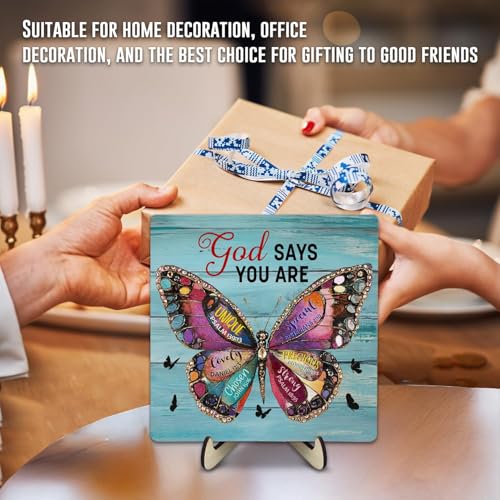 Inspirational Bible Verse Wooden Plaque Sign Decor, Christian Gifts Religious Gifts for Women, Christian Home Office Desk Butterfly Decor, God Says You Are Unique (Light blue, 5.9 x 5.9 inches) Light blue