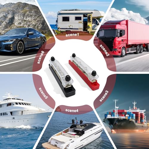 Pack of 4 Busbar Distribution Block, 12V-48V DC Power Distribution Block with Cover, 150A Busbar Block with 6 x M4 & 4 x M6 Terminal Bolts, Bolt Power Distribution for Car, Yacht, RV (Black Red)