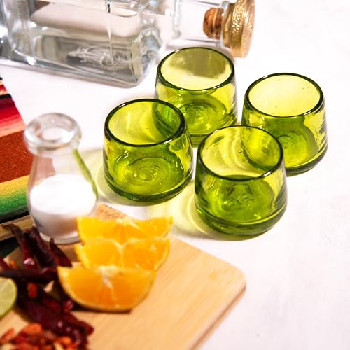 Mezcal & Tequila Sipping Glasses - Set of Four | Artisan Hand Blown Glass from Mexico | Handmade Copitas - Mezcal & Tequila Gift Set | Taste of Mexico in Every Sip Lime Green