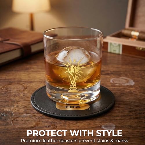 Official FIFA World Cup 2026 Edition - 8oz Whiskey Glass & Leather Coasters Gift Set - 2 of Each - Perfect for Parties, Bars, Tailgates, Mancaves & Gamedays - Once in a Lifetime Drinkware Set