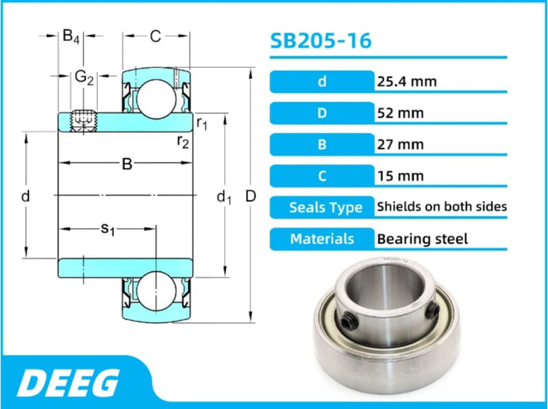 [Australia - AusPower] - DEEG 1" Insert Ball Bearing with Set Screws SB205-16 ?FHS205-16 ?AS205-100?YA100RRB?Used in Wood Chipper,Snowblower,ATV's 