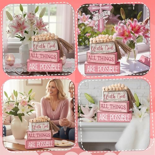 Lineshading 4 Pcs Christian Table Decor Pink God All Things are Possible with God All Things Are Possible