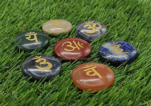 Amazing Gemstone 7 Chakra Disc Set Reiki Healing Crystal with Engraved Chakra OM Symbols Holistic Balancing Polished Palm Stones Set with Velvet Pouch