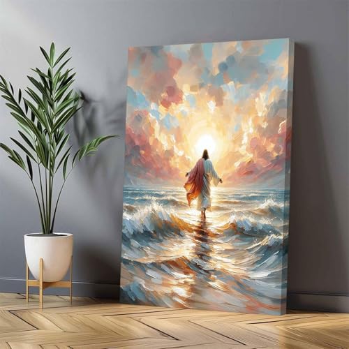 Jesus Walking on Water Canvas Wall Art Jesus Back Waters Reflection Sunset Glow Pink Gold Tones Wall Decor Pictures Christian Bible Stories Poster Prints for Living Room Church Home Decoration 16x24in 24"L x 16"W