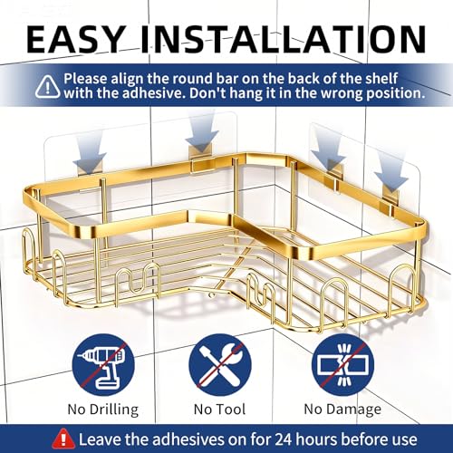 Menbyci 3 Pack Corner Shower Caddy, Adhesive Bathroom Shelves with 18 Hooks, Drill-Free & Quick-Dry Shower Organizer with Large Capacity, Rustproof Stainless Steel Bathroom Corner Storage Rack, Gold 3 packs