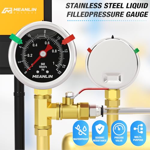 MEANLIN MEASURE 0~1Bar/0~15Psi Black Pressure Gauge 1/8 Inch BSP 1.5 Inch Dial, Stainless Steel Liquid Pressure Gauge, Lower Mount, WOG Water Oil Air (with 2 Push Buttons) Bottom Mounted (Black)