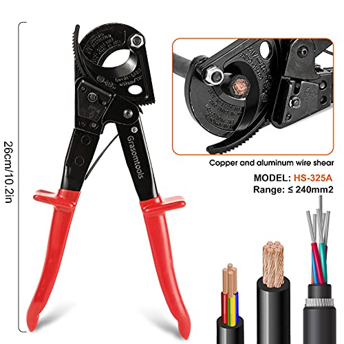 Ratchet Cable Cutter, Ratchet Cutter and Wire Cable Cutter, Cuts up to 240mm², HS325A Heavy Duty Aluminum and Copper Ratchet Cable Cutter