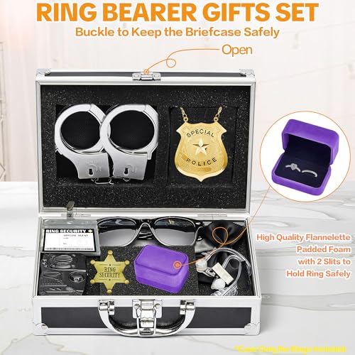 Ring Security Wedding Ring Bearer Aluminum Briefcase-Padded Slits Holder Ring Bearer Gifts Security Box for Proposal Ceremony Wedding Day,Security Badge Props for Boys Kids Black Silver