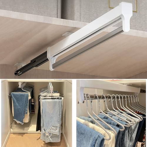 Pull Out Closet Valet Rod, Adjustable Sliding Heavy Duty Steel Top Mounted Clothes Storage Hanger Rail for Closet Wardrobe (292mm/11.5inch) 292mm/11.5inch White