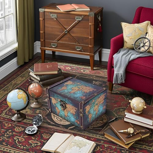Pssopp vintage wooden jewelry box with a world map pattern, featuring multiple compartments for storing jewelry and accessories.