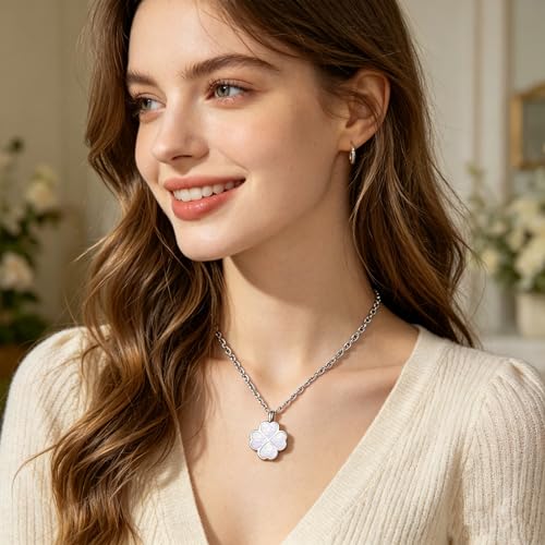 Dletay Four Leaf Clover Urn Necklace for Ashes 316L Stainless Steel Cremation Jewelry for Ashes Lucky Simple Memorial Pendant Necklace for Women Silver