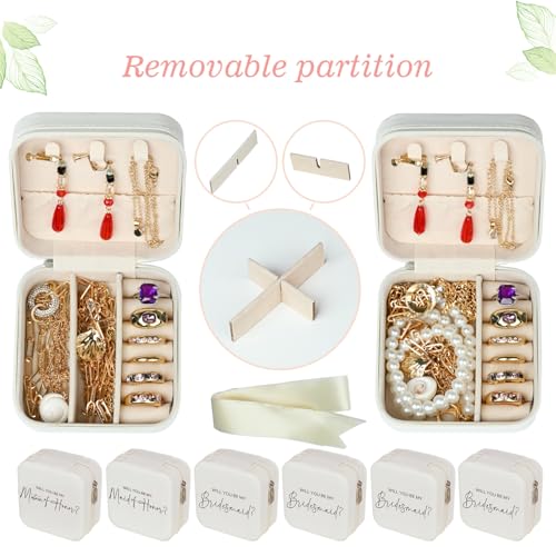 6 Pack Bridesmaid Jewelry Box with Ribbon, Maid Matron of Honor Small Travel Jewelry Case for Women, Bridesmaid Proposal Gifts, Wedding White